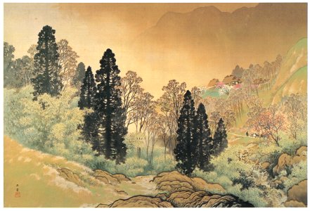 Kawai Gyokudō – Mountain Village in Spring [from The Exhibition of Kawai Gyokudō in memory of the 50th anniversary after his death]. Free illustration for personal and commercial use.