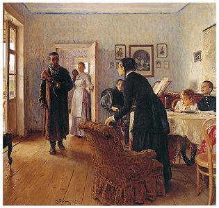 Ilya Repin – They Did Not Expect Him [from Ilya Repin: Master Works from The State Tretyakov Gallery]. Free illustration for personal and commercial use.