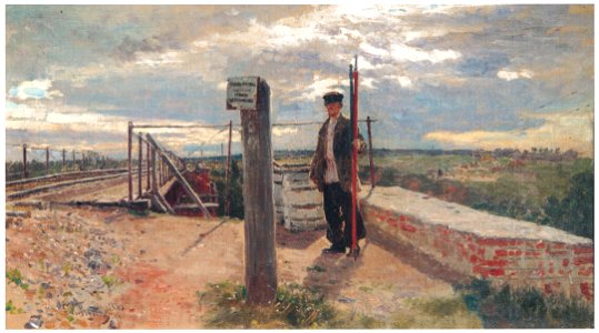 Ilya Repin – A Railway Watchman, Khotkovo [from Ilya Repin: Master Works from The State Tretyakov Gallery]. Free illustration for personal and commercial use.