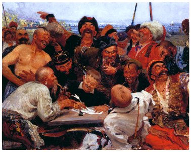 Ilya Repin – Study for Zaporozhian Cossacks Writing a Letter to the Turkish Sultan [from Ilya Repin: Master Works from The State Tretyakov Gallery]. Free illustration for personal and commercial use.