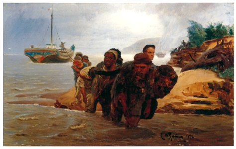 Ilya Repin – Barge Haulers Crossing a Ford [from Ilya Repin: Master Works from The State Tretyakov Gallery]. Free illustration for personal and commercial use.