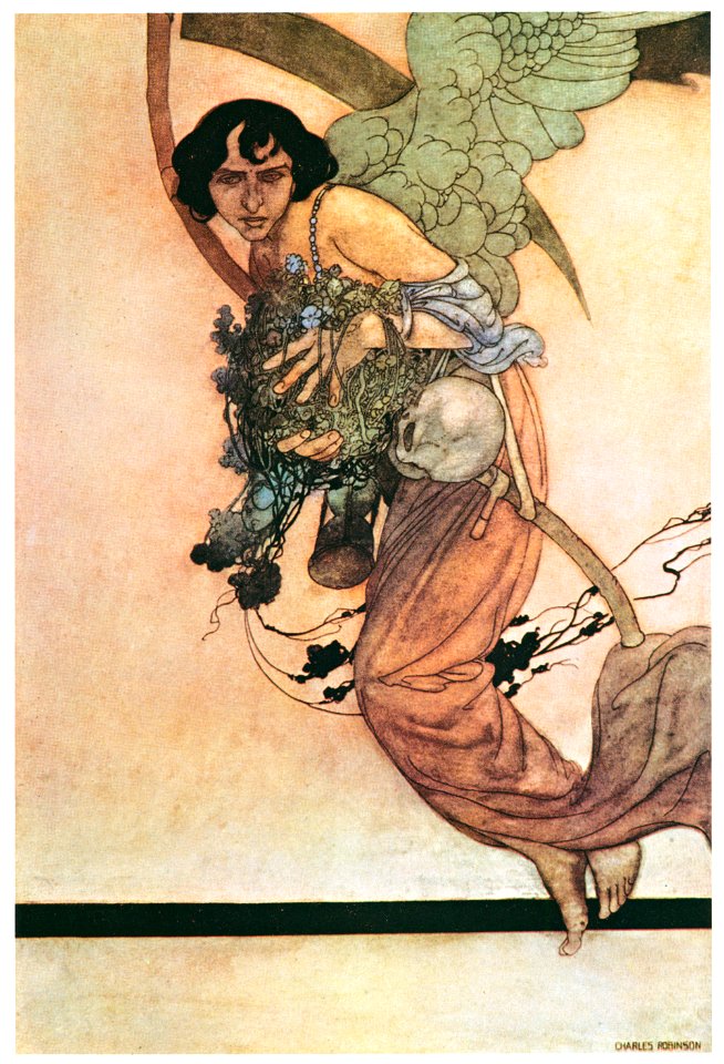 Charles Robinson – I will be true, despite thy scythe and thee (The Songs and Sonnets of William Shakespeare) [from The Fantastic Paintings of Charles & William Heath Robinson]. Free illustration for personal and commercial use.