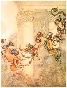 William Heath Robinson – Fairy. “She never had so sweet a changeling.” (A Midsummer Night’s Dream) [from The Fantastic Paintings of Charles & William Heath Robinson]. Free illustration for personal and commercial use.