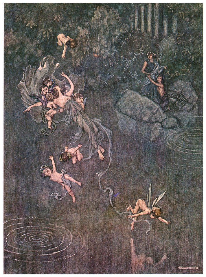 William Heath Robinson – Overon. “And make him with fair aegle break his faith.” (A Midsummer Night’s Dream) [from The Fantastic Paintings of Charles & William Heath Robinson]. Free illustration for personal and commercial use.