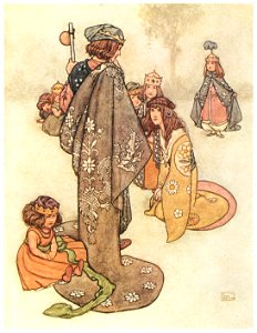 William Heath Robinson – Princesses he found in plenty; but whether they were real Princesses it was impossible for him to decide (The Real Princess) [from The Fantastic Paintings of Charles & William Heath Robinson]. Free illustration for personal and commercial use.