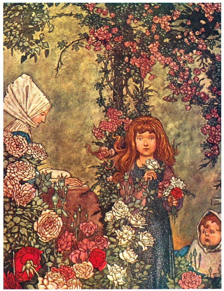 William Heath Robinson – The Peasant’s Wife Sat on Sundays at the Door of her Cottage Reading her Hymn-Book （The Wild Swan) [from The Fantastic Paintings of Charles & William Heath Robinson]