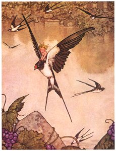 William Heath Robinson – Yes, I will go with thee!’ said Tommelise. And she seated herself on the bird’s back (Tommelise) [from The Fantastic Paintings of Charles & William Heath Robinson]. Free illustration for personal and commercial use.