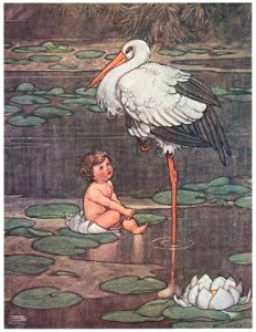 William Heath Robinson – The bud opened into a full-blown flower, in the middle of which lay a beautiful child (The Marsh King’s Daughter) [from The Fantastic Paintings of Charles & William Heath Robinson]. Free illustration for personal and commercial use.