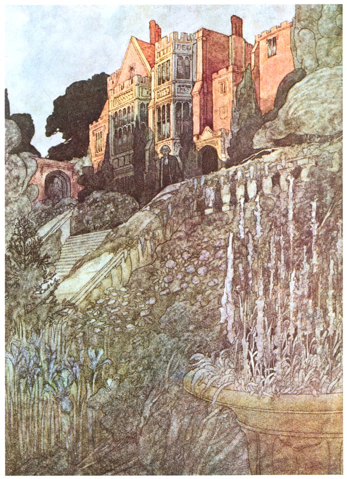 Charles Robinson – He was in mourning now, and nothing but purple flowers must henceforth grow in the garden (The Four Gardens) [from The Fantastic Paintings of Charles & William Heath Robinson]