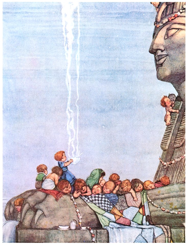William Heath Robinson – They came upon a great stone sphinx (Bill the Minder) [from The Fantastic Paintings of Charles & William Heath Robinson]. Free illustration for personal and commercial use.