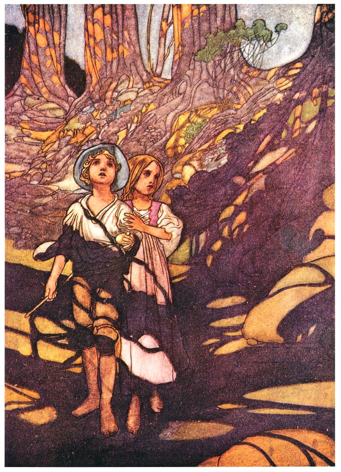 Charles Robinson – Hansel and Grethel in the forest. [from The Fantastic Paintings of Charles & William Heath Robinson]. Free illustration for personal and commercial use.