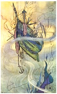 William Heath Robinson – The wrecks dissolve above us; their dust drops down from afar— Down to the dark, to the utter dark, where the blind white sea-snakes are. [from The Fantastic Paintings of Charles & William Heath Robinson]. Free illustration for personal and commercial use.