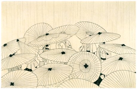 Komura Settai – Osen (Umbrellas) [from Hanga Geijutsu No.146]. Free illustration for personal and commercial use.