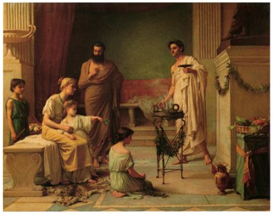 John William Waterhouse – A Sick Child brought into the Temple of Aesculapius [from J.W. Waterhouse]. Free illustration for personal and commercial use.