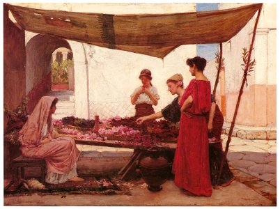 John William Waterhouse – A Flower Stall (or A Grecian Flower Market) [from J.W. Waterhouse]. Free illustration for personal and commercial use.
