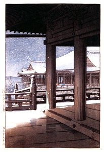 Hasui Kawase – Evening Snow at Kiyomizu Temple [from Kawase Hasui 130th Anniversary Exhibition Catalogue]. Free illustration for personal and commercial use.