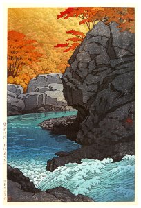 Hasui Kawase – Autumn at Tengui Cliffs, Shiobara [from Kawase Hasui 130th Anniversary Exhibition Catalogue]. Free illustration for personal and commercial use.