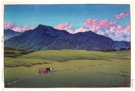 Hasui Kawase – Dusk at Aso (Outer Crater) [from Kawase Hasui 130th Anniversary Exhibition Catalogue]. Free illustration for personal and commercial use.