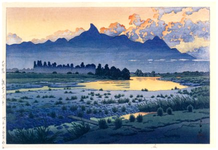Hasui Kawase – Shikishima Riverbank, Maebashi [from Kawase Hasui 130th Anniversary Exhibition Catalogue]. Free illustration for personal and commercial use.