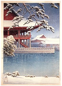 Hasui Kawase – Eight Views of Korea : Gyeonghoeru Pavilion, Gyeongbokgung Palace [from Kawase Hasui 130th Anniversary Exhibition Catalogue]. Free illustration for personal and commercial use.