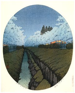 Hasui Kawase – Night View of Cherry Blossoms at Koganei [from Kawase Hasui 130th Anniversary Exhibition Catalogue]. Free illustration for personal and commercial use.
