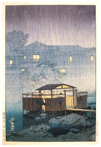 Hasui Kawase – The Shuzenji Hot Springs in Rain [from Kawase Hasui 130th Anniversary Exhibition Catalogue]. Free illustration for personal and commercial use.
