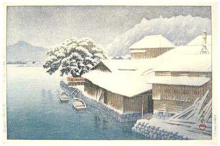 Hasui Kawase – Japanese Sceneries, Eastern Japan Series : Ishinomaki in Snow [from Kawase Hasui 130th Anniversary Exhibition Catalogue]. Free illustration for personal and commercial use.