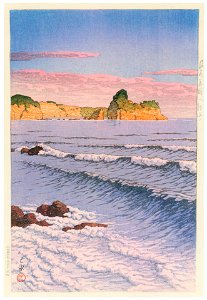 Hasui Kawase – Japanese Sceneries, Eastern Japan Series : Morning Sea at Shiribeshi, Bikuni [from Kawase Hasui 130th Anniversary Exhibition Catalogue]. Free illustration for personal and commercial use.