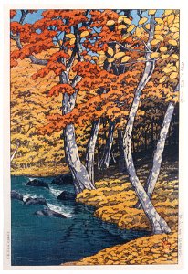 Hasui Kawase – Japanese Sceneries, Eastern Japan Series : Autumn at Oirase [from Kawase Hasui 130th Anniversary Exhibition Catalogue]. Free illustration for personal and commercial use.