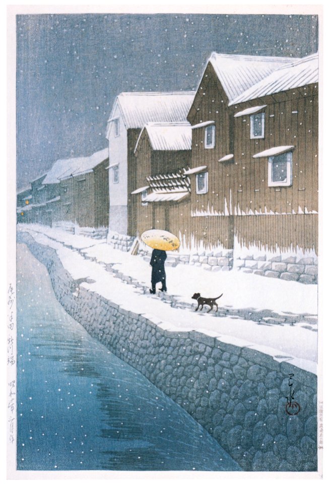 Hasui Kawase – Selected Scenes of Tokaido Road : Handa Shinkawabata in Bishu [from Kawase Hasui 130th Anniversary Exhibition Catalogue]. Free illustration for personal and commercial use.