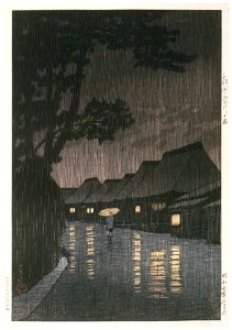Hasui Kawase – Selected Scenes of Tokaido Road : Rain at Maekawa in Sagami Province [from Kawase Hasui 130th Anniversary Exhibition Catalogue]. Free illustration for personal and commercial use.
