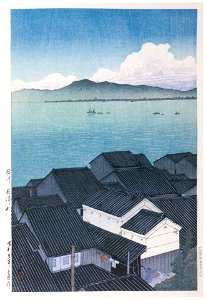 Hasui Kawase – Selected Scenes of Tokaido Road : Okitsu-chô in Suruga Province [from Kawase Hasui 130th Anniversary Exhibition Catalogue]. Free illustration for personal and commercial use.