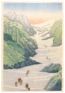 Hasui Kawase – Snowy Valley on Mt.Hakuba [from Kawase Hasui 130th Anniversary Exhibition Catalogue]. Free illustration for personal and commercial use.