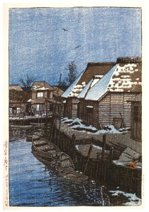 Hasui Kawase – Lingering Snow at Urayasu [from Kawase Hasui 130th Anniversary Exhibition Catalogue]. Free illustration for personal and commercial use.