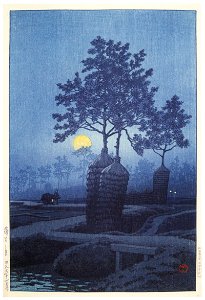 Hasui Kawase – Moon at Gamo [from Kawase Hasui 130th Anniversary Exhibition Catalogue]. Free illustration for personal and commercial use.