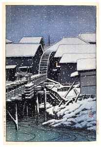 Hasui Kawase – Snow at Sekiguchi [from Kawase Hasui 130th Anniversary Exhibition Catalogue]. Free illustration for personal and commercial use.