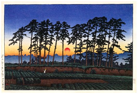 Hasui Kawase – Twenty Views of Tokyo : Ichinokura, Ikegami (Sunset) [from Kawase Hasui 130th Anniversary Exhibition Catalogue]. Free illustration for personal and commercial use.