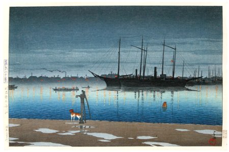 Hasui Kawase – Twenty Views of Tokyo : Akashicho after Rain [from Kawase Hasui 130th Anniversary Exhibition Catalogue]. Free illustration for personal and commercial use.