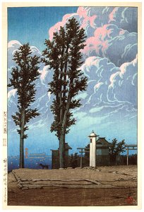 Hasui Kawase – Twenty Views of Tokyo : Precincts of Kanda Myojin Shrine [from Kawase Hasui 130th Anniversary Exhibition Catalogue]. Free illustration for personal and commercial use.