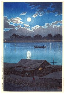 Hasui Kawase – Twenty Views of Tokyo : Moon at the Arakawa RIVer (Akabane) [from Kawase Hasui 130th Anniversary Exhibition Catalogue]. Free illustration for personal and commercial use.