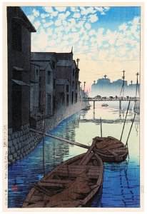 Hasui Kawase – Twenty Views of Tokyo : Morning View at Daikon Shore [from Kawase Hasui 130th Anniversary Exhibition Catalogue]. Free illustration for personal and commercial use.