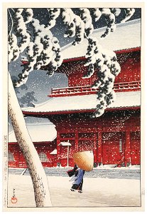 Hasui Kawase – Twenty Views of Tokyo : Zojoji Temple in Shiba [from Kawase Hasui 130th Anniversary Exhibition Catalogue]. Free illustration for personal and commercial use.