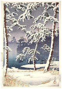 Hasui Kawase – Twenty Views of Tokyo: Senzoku Pond [from Kawase Hasui 130th Anniversary Exhibition Catalogue]. Free illustration for personal and commercial use.