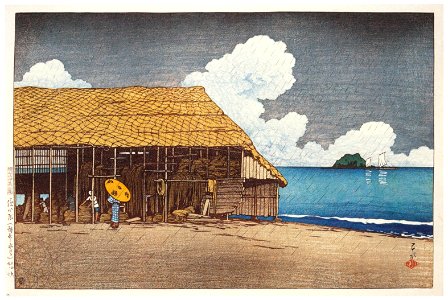 Hasui Kawase – Souvenirs of My Travels, 2nd Series : Seaside Cottage (Etchu-Himi) [from Kawase Hasui 130th Anniversary Exhibition Catalogue]. Free illustration for personal and commercial use.