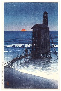 Hasui Kawase – Setting Sun (Gōmoto, Echigo) [from Kawase Hasui 130th Anniversary Exhibition Catalogue]. Free illustration for personal and commercial use.