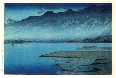 Hasui Kawase – Souvenirs of My Travels, 2nd Series : Lake Kamo under the Moonlight (Sado) [from Kawase Hasui 130th Anniversary Exhibition Catalogue]. Free illustration for personal and commercial use.