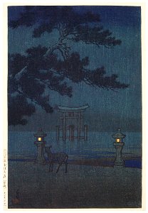 Hasui Kawase – Souvenirs of My Travels, 2nd Series : Hazy Moonlit Night (Miyajima) [from Kawase Hasui 130th Anniversary Exhibition Catalogue]. Free illustration for personal and commercial use.