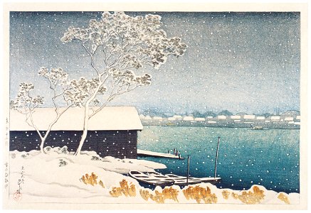 Hasui Kawase – Twelve Subjects of Tokyo : Shirahige in the Snow [from Kawase Hasui 130th Anniversary Exhibition Catalogue]. Free illustration for personal and commercial use.