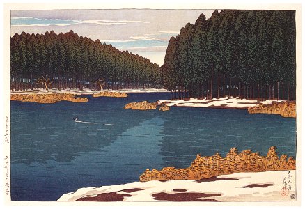 Hasui Kawase – Twelve Subjects of Tokyo : Lingering Snow at Inokashira [from Kawase Hasui 130th Anniversary Exhibition Catalogue]. Free illustration for personal and commercial use.