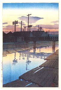 Hasui Kawase – Twelve Subjects of Tokyo : Dusk at Kiba [from Kawase Hasui 130th Anniversary Exhibition Catalogue]. Free illustration for personal and commercial use.